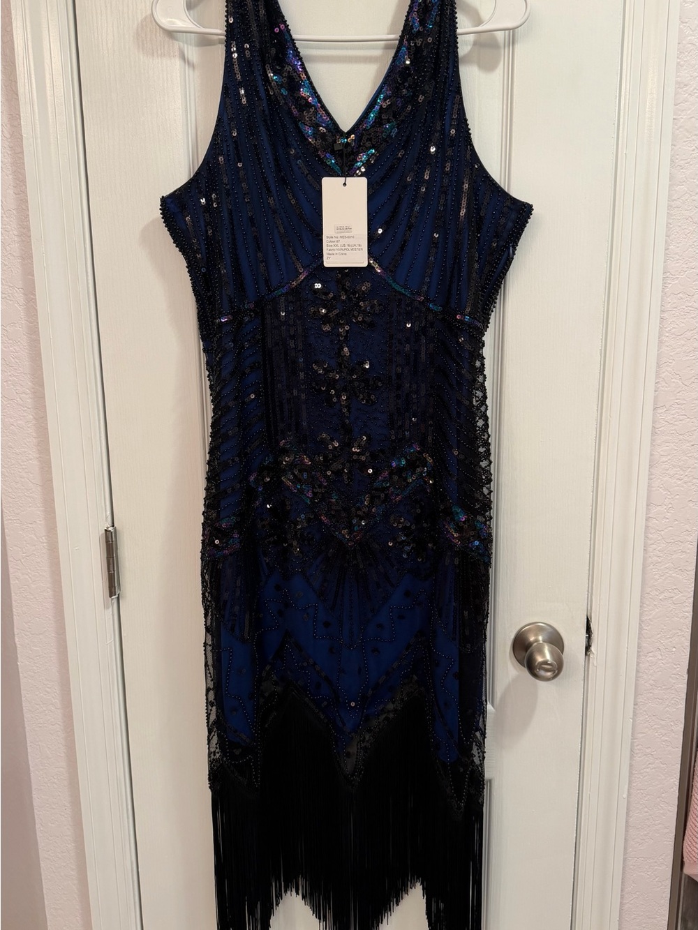 Beaded Navy Blue Fringe Midi Dress